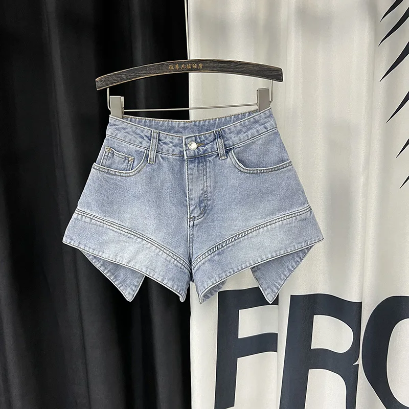 European Style 2023 Summer New High Waist Irregular Casual Denim Shorts Women's Slimming All-Matching Wide Leg A-line Booty Pant