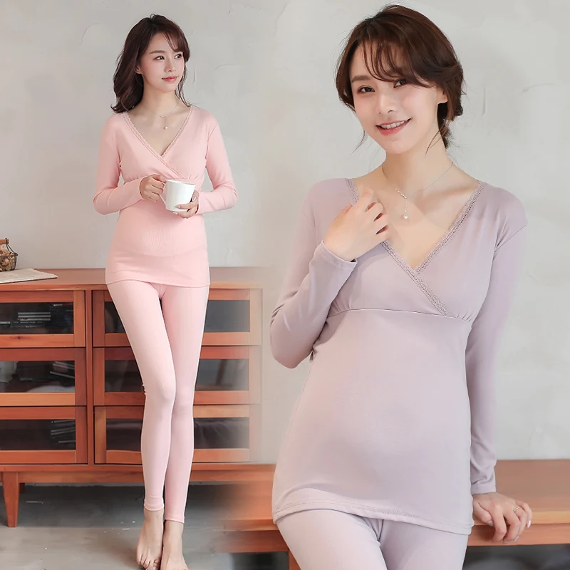 

Autumn Winter Cotton Maternity Long Johns Set Nursing Shirt Belly Pants Underwear Clothes for Pregnant Women Keep Warm Pregnancy