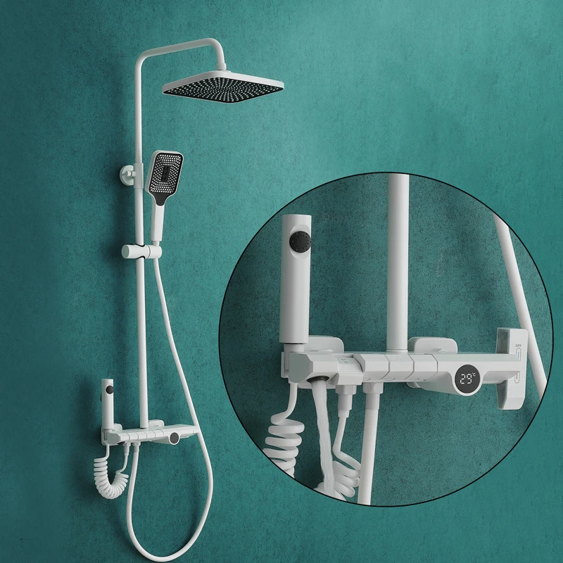 

Bathroom rainfall shower mixer set four function white shower tap white bathtub shower hot and cold temperature shower set
