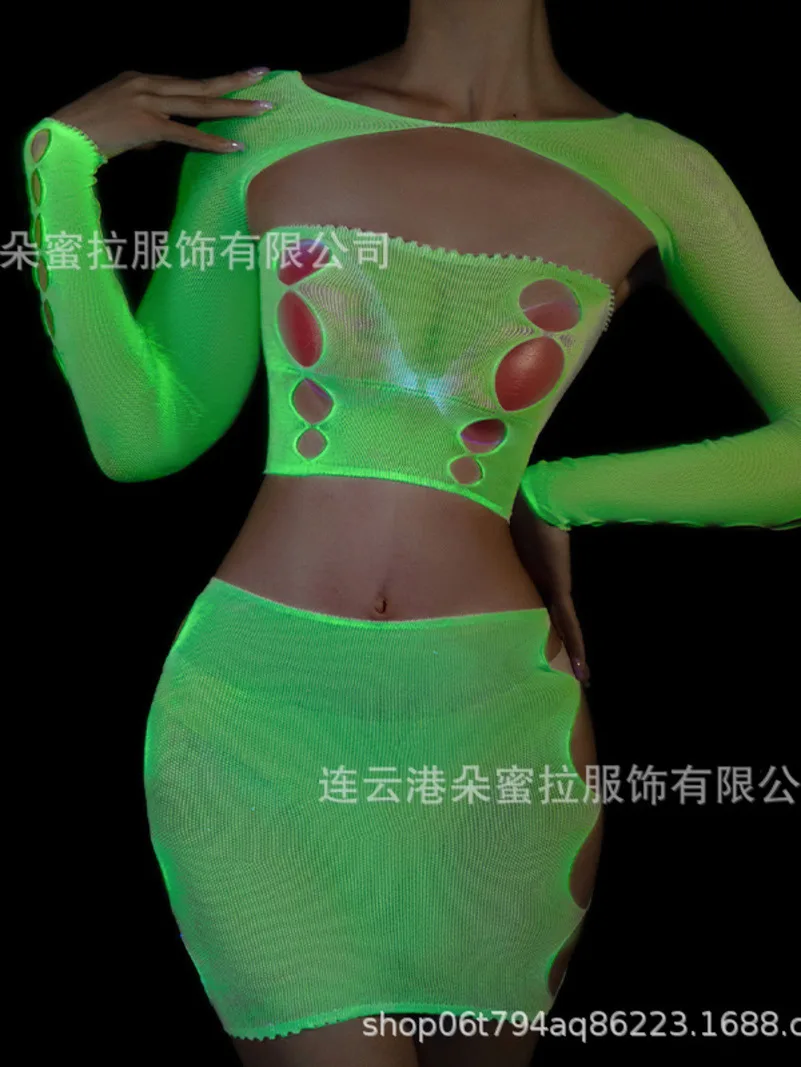 

Spring/Summer Women's Sexy Temptation Luminous Night Glow Long Sleeve Top Hollow out Slim Wrap Hip Short Skirt Fashion Set 6U27
