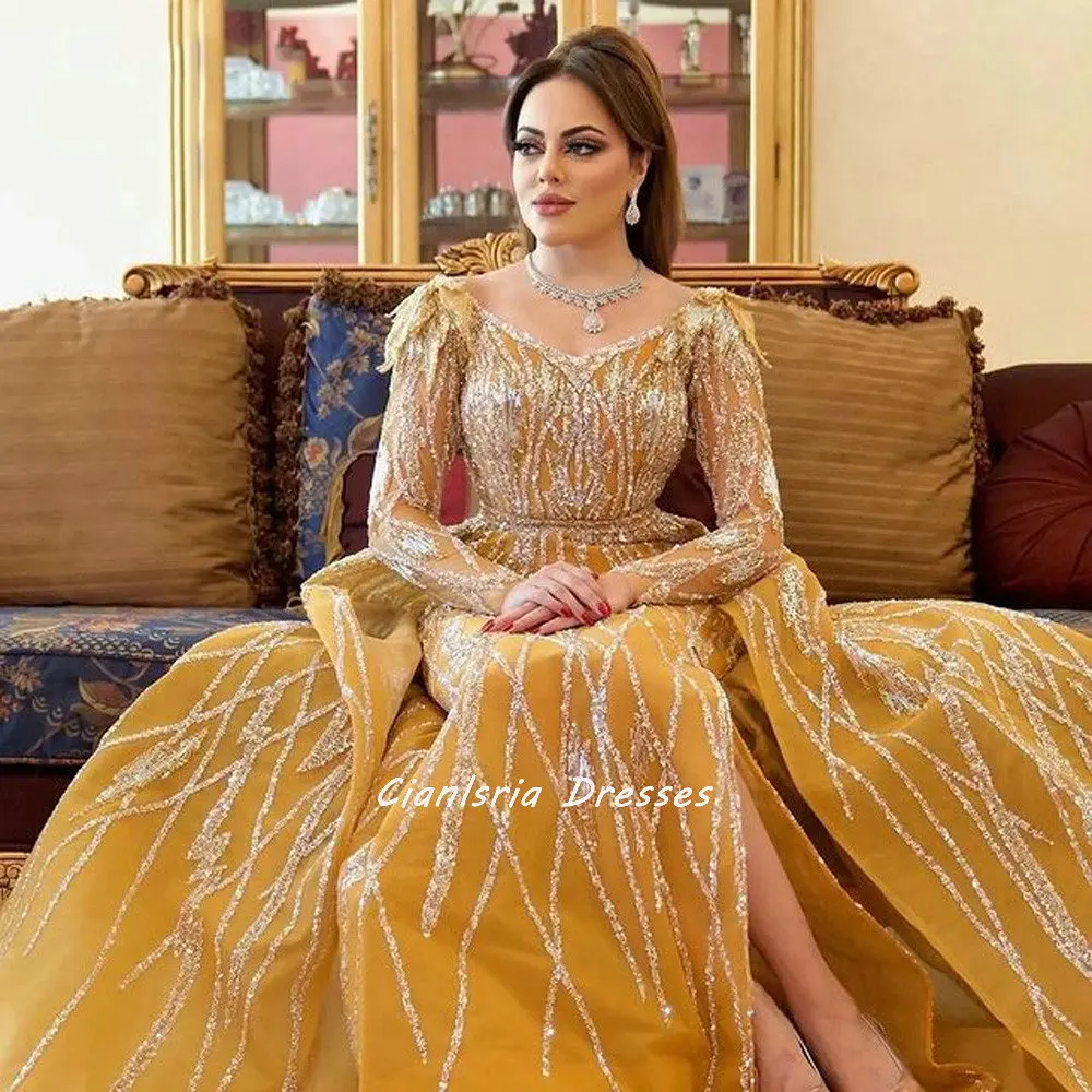 Женское вечернее платье-Русалка со съемным шлейфом и длинным рукавом | Свадьбы