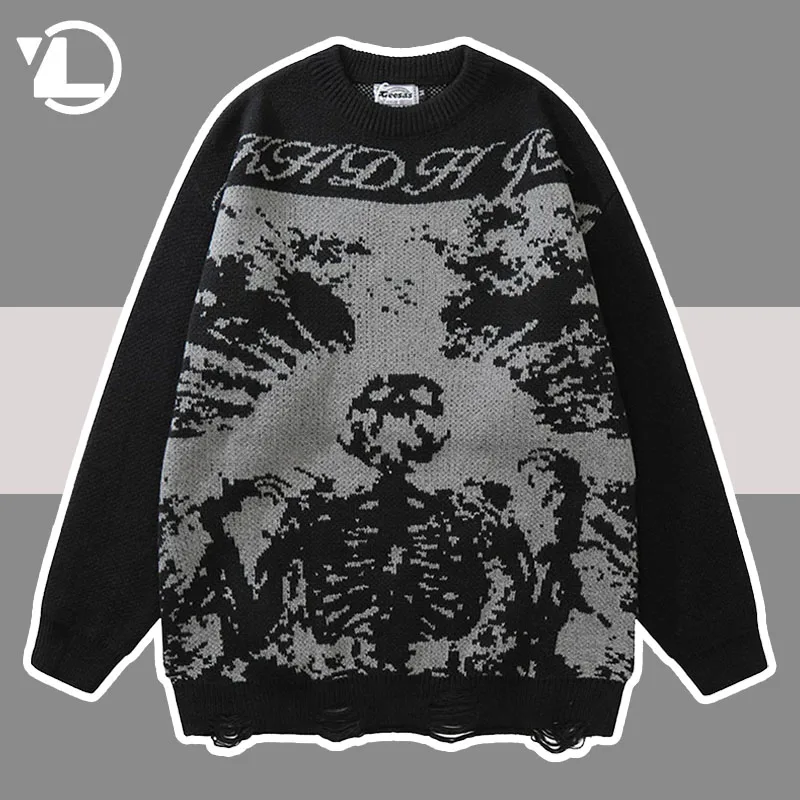 

Vintage Knitted Sweaters Men Women High Street Long Sleeve Ripped Oversize Jumper Gothic Hip Hop Harajuku Hole Loose Pullover