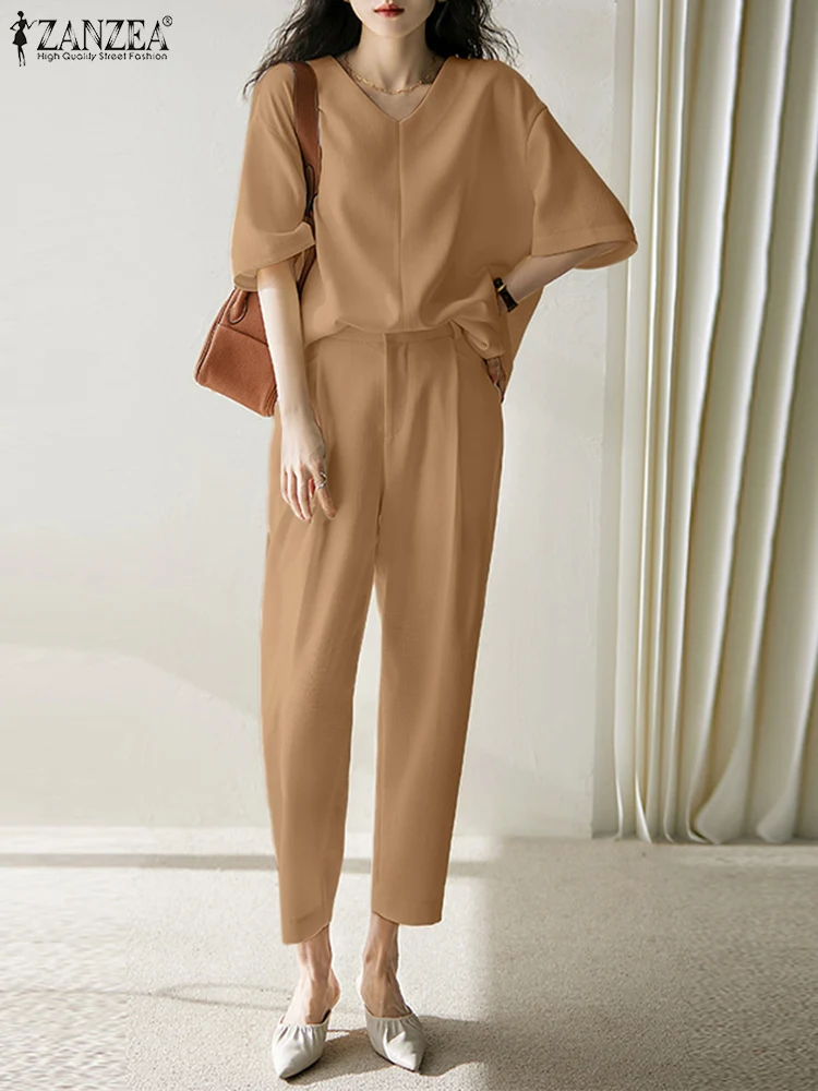 

Коллекция ZANZEA 2023 года, однотонные топы, рабочие брюки, офисные костюмы, осенние женские комплекты, блузка с рукавом до локтя и брюки, Женский Городской Спортивный костюм