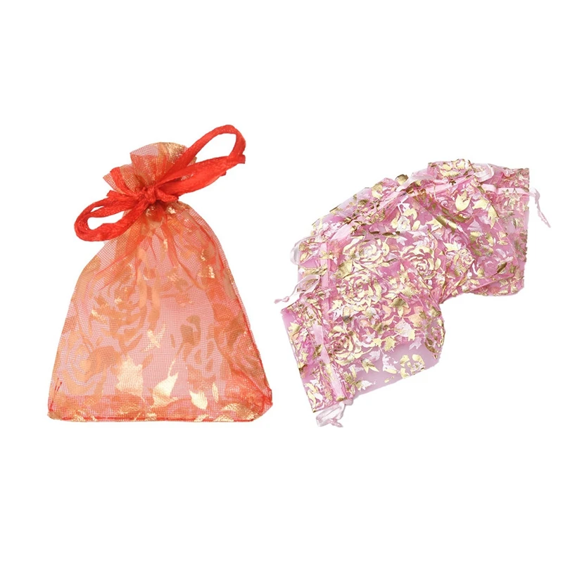 

200Pcs 7X9cm Rose Organza Drawstring Gift Jewelry Bags Pouches Wedding Xmas Party Gifts Bags - 100Pcs Pink & 100Pcs Red