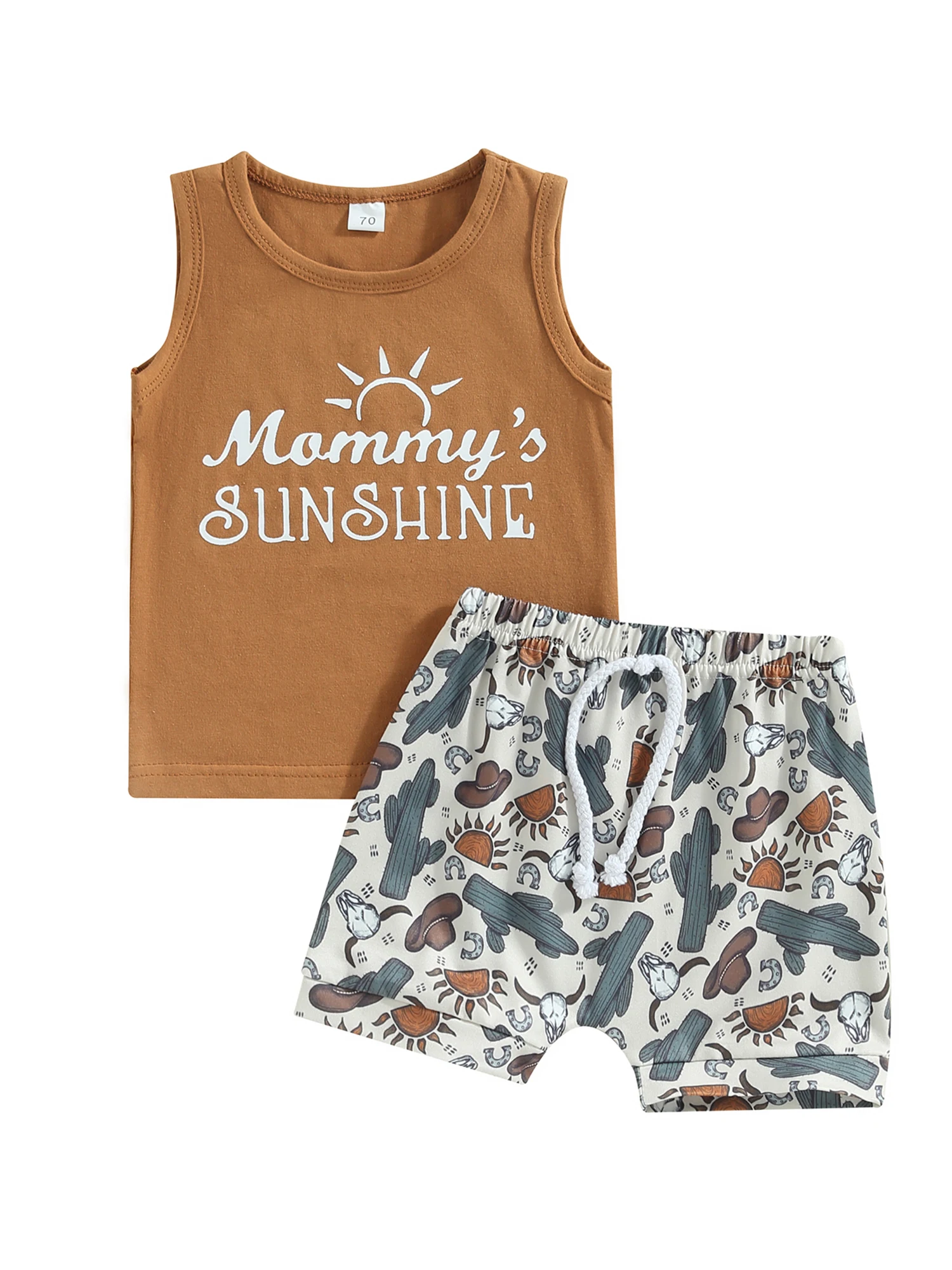 

Летний комплект одежды для маленьких мальчиков, жилет без рукавов с буквенным принтом, шорты с принтом солнца и кактуса