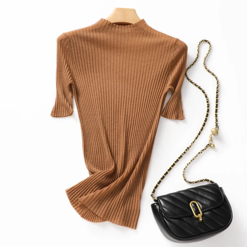 Light Luxury High-end~100 Count Worsted Pure Wool Women's Semi-high Neck Striped Short-sleeved Sweater Slim Thin Sweater