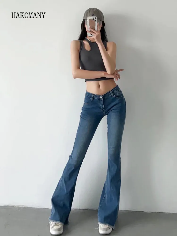 

2022 Women Vintage Stretch Denim Pants Streetwear Long Trousers Spring Autumn Sexy Low Waist Floor Length Burr Cuff Flare Jeans