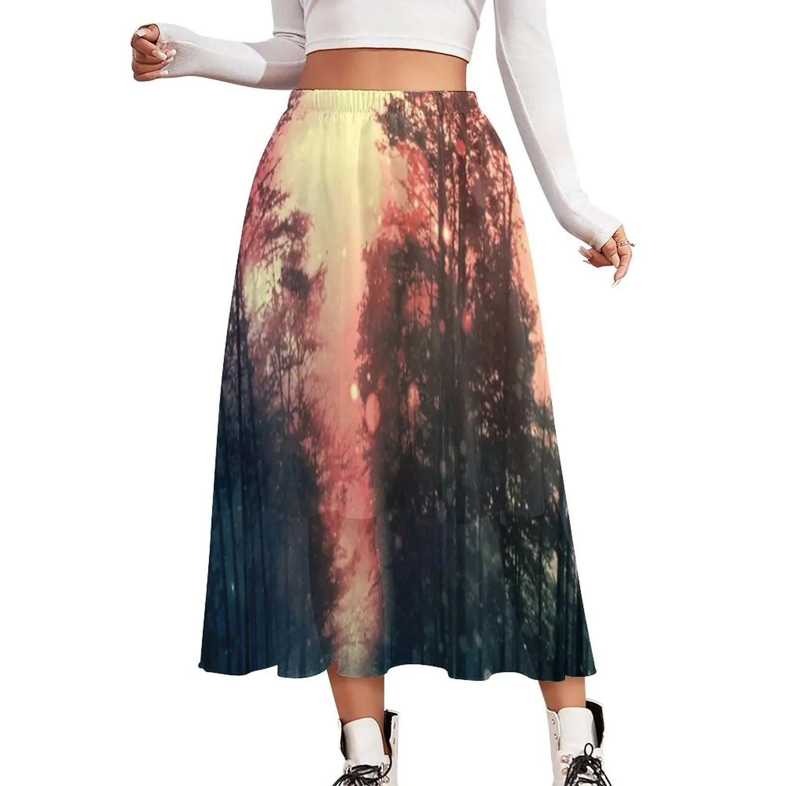 

Magical Forest Chiffon Skirt Sky And Stars Print Street Wear Casual Skirts Women Elegant A-line Skirt Printed Bottoms Gift Idea