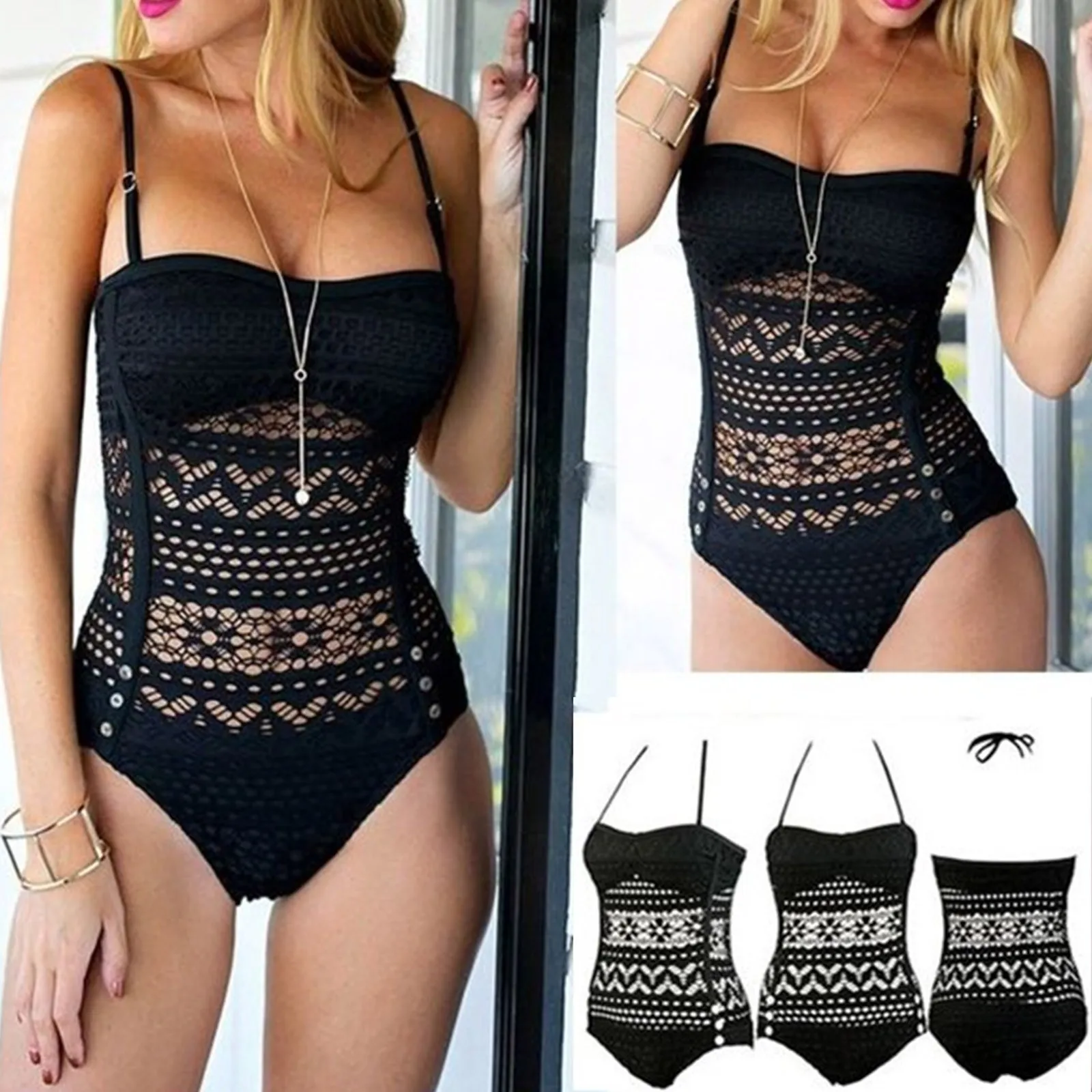 

Fashion Sexy Women Solid Colors Hollow Out Lace One Piece Swimsuit Beachwear Bikni Bodysuit Swimming Brazilian Bathing Suit#g3