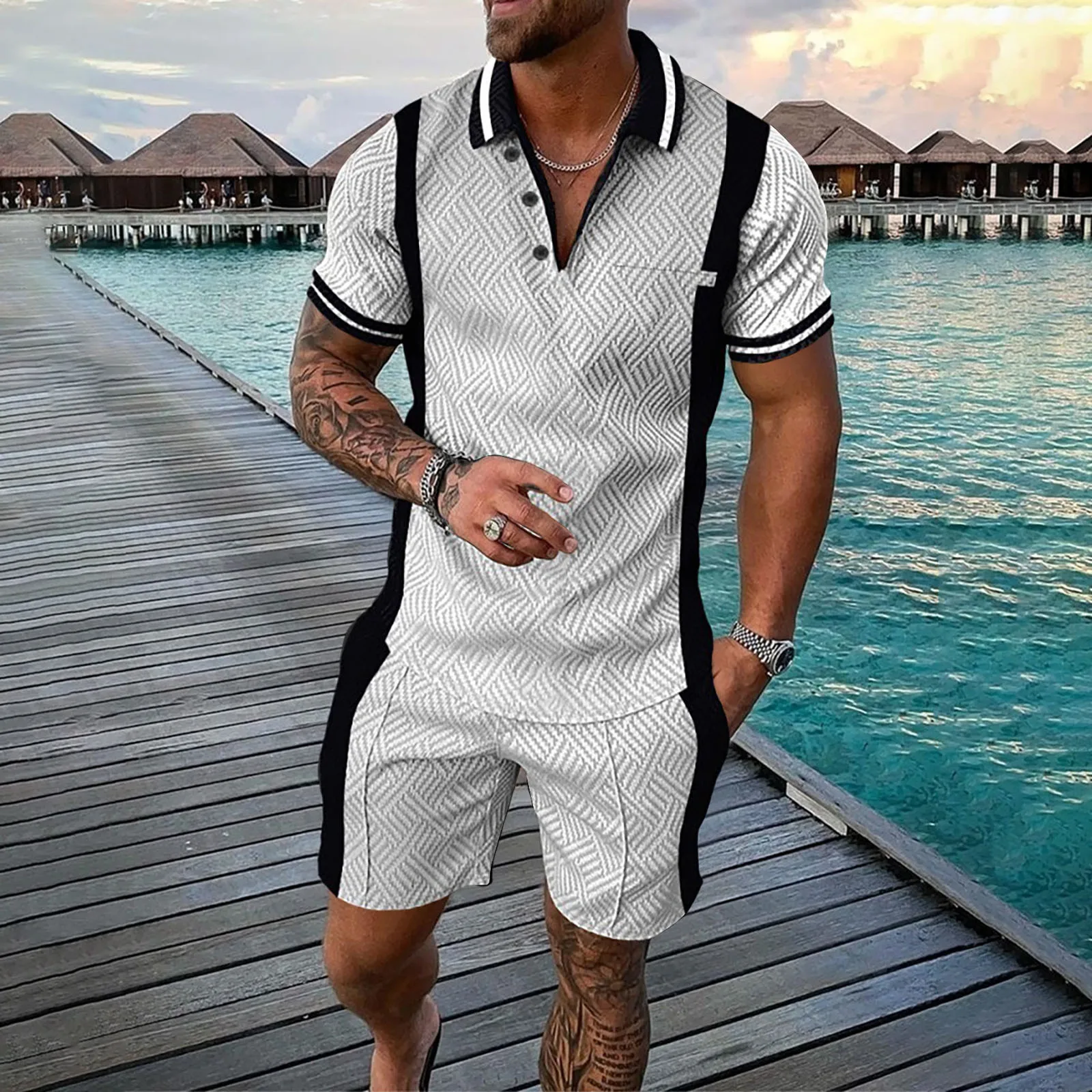 Male Casual 2 Piece Suit Stripe Print Zipper Polo Shirt Color Block Breathable Shorts  Male Set Ropa Hombre Beachwear Conjuntos