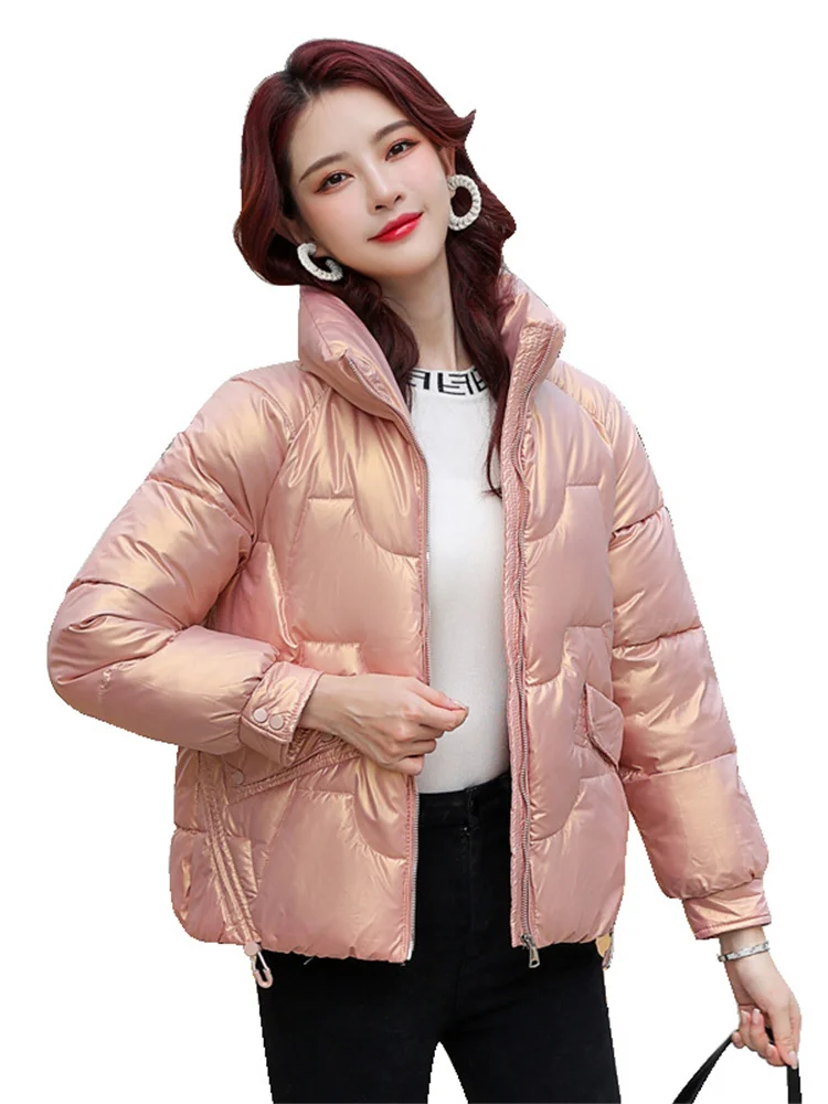 

Short Down Cotton Coat Women Pink M-3XL Stand Collar Parkas Jacket 2022 Autumn Winter New Korean Sweet Girls Long Sleeve Coats