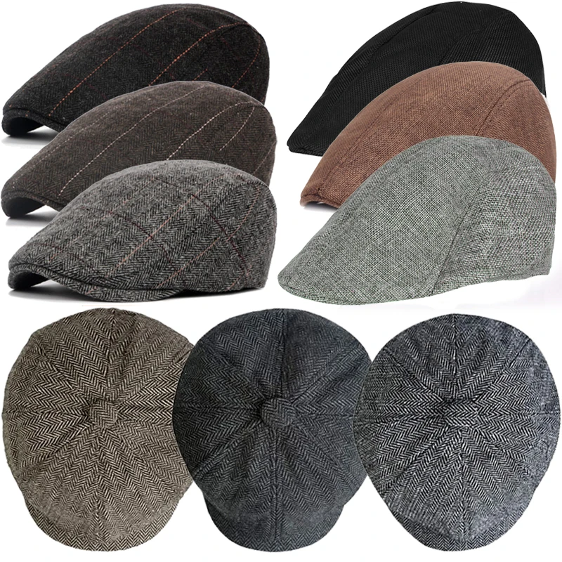 

Men Newsboy Hat Unisex Vintage Beret Flat Ivy Cabbie Driving Hunting Cap Flat Brim Adjustable Autumn Spring Berets Cap