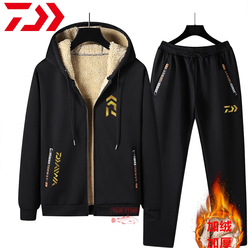 

2022 Daiwa Fishing Suit Autumn Winter Outdoor Sport Hiking Fishing Shirt And Pants Men Plus Thick Velvet Hooded Fishing Jacket