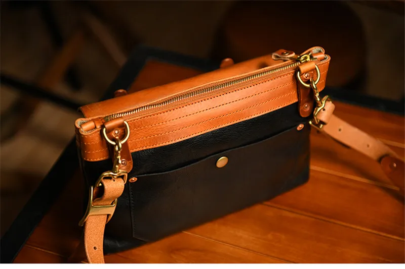 Vintage fashion high quality natural organizer genuine leather men diagonal bag luxury Man with wide shoulder strap shoulder bag