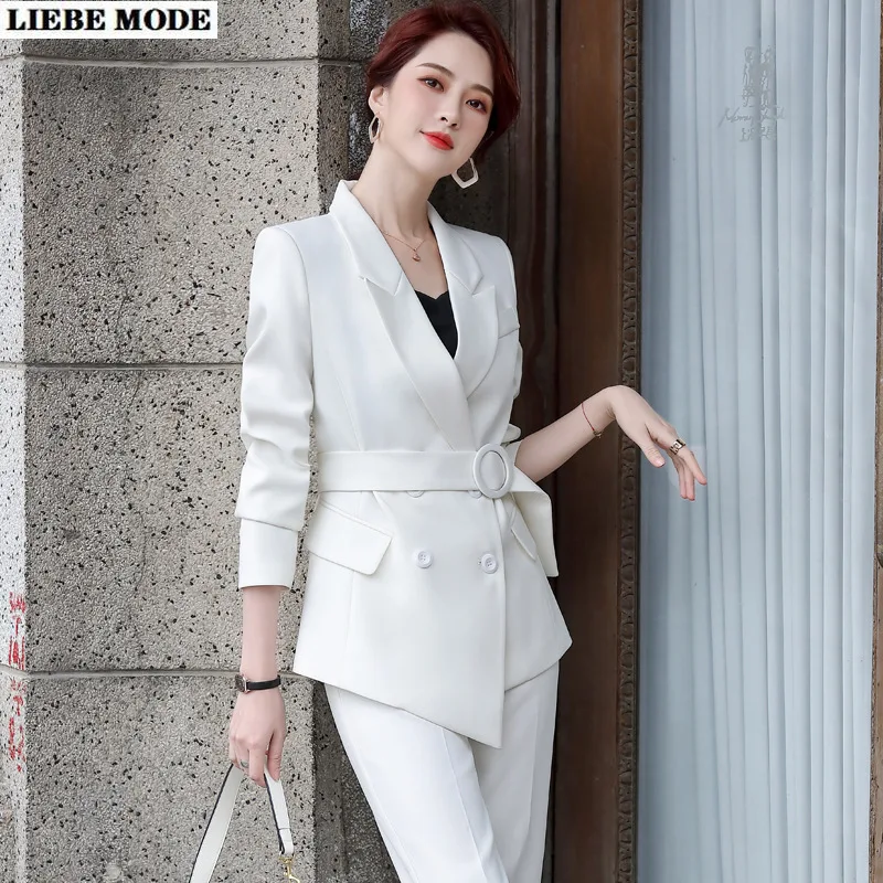 Enlarge Black White Pant Suits Women Business Work Jacket Trousers Fashion Casual Pants Blazer Set Office Lady Female Clothing