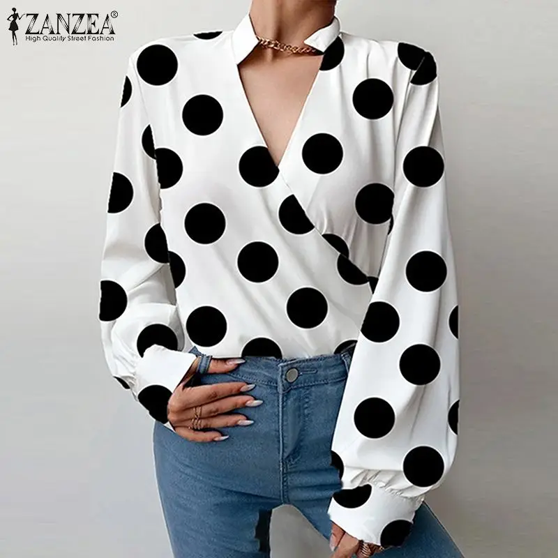 

Oversized Women Printed Puff Sleeve Tops Tee Fashion 2022 ZANZEA Office Lady Polka Dots Blouse Casual Loose Blusa V Neck Chemise