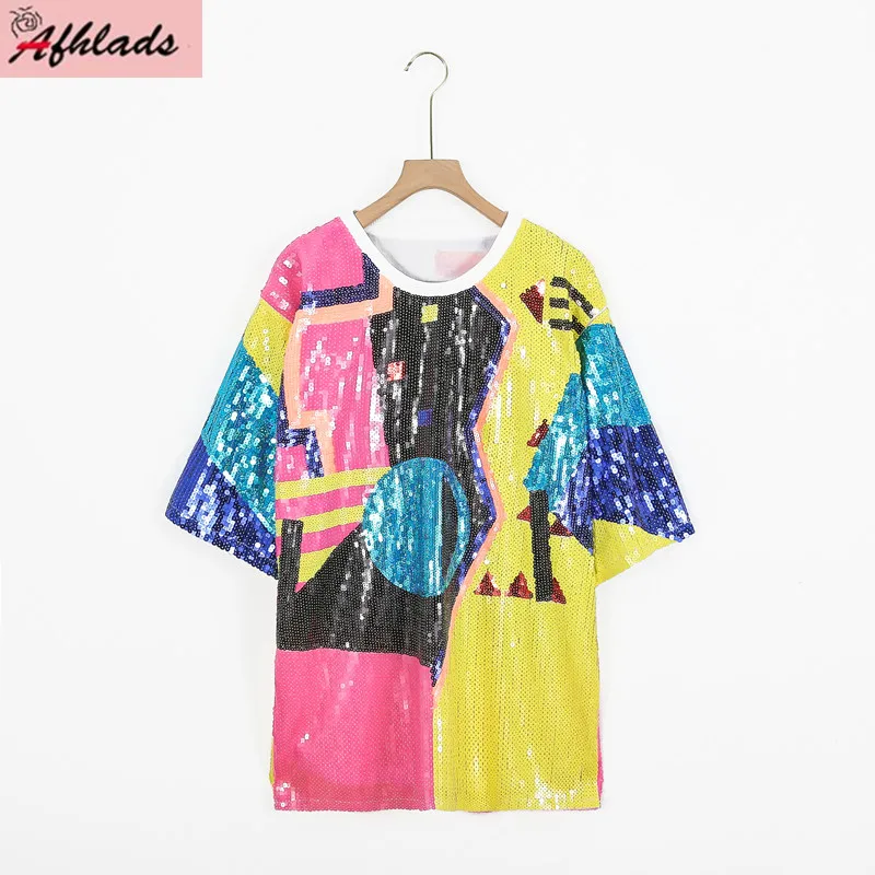 

Summer Geometric Design Female T-Shirt Short Sleeve Round Neck Streetwear Hip Hop Nightclub Sequin Women's Clothing Tops