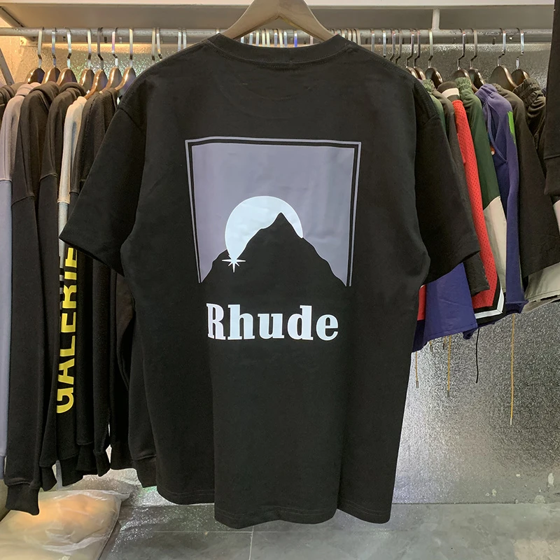 

Rhude letters logo Print Castle Coconut Tree T-shirt Women Men High Quality Oversized T Shirt Top Tees Best Quality FreeShipping