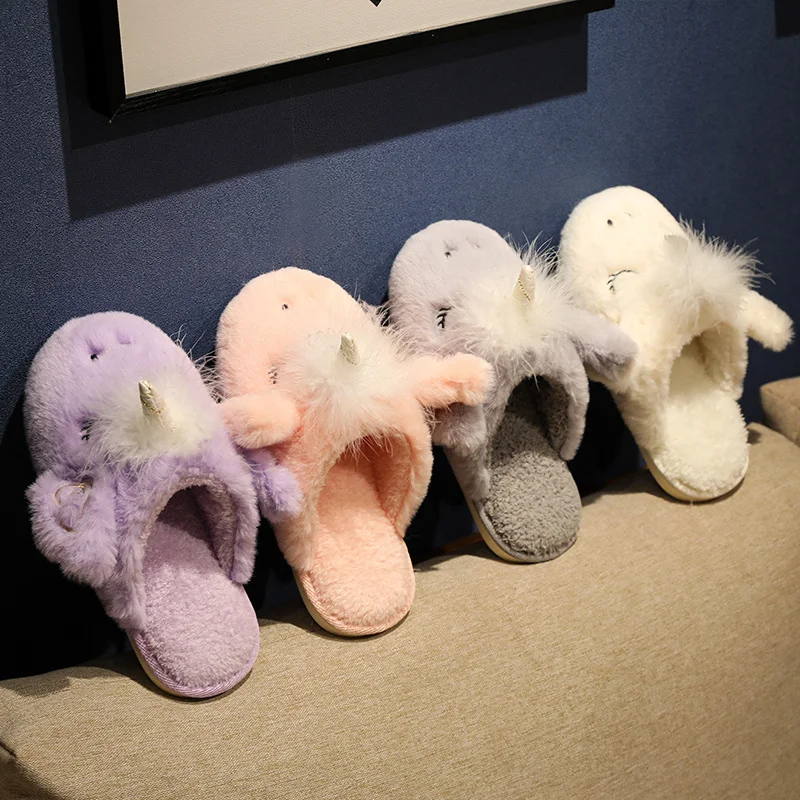 

Новые Мультяшные тапочки Kawai в виде единорога, плюшевые искусственные милые животные, зимняя теплая обувь для взрослых, кукла, женская домаш...