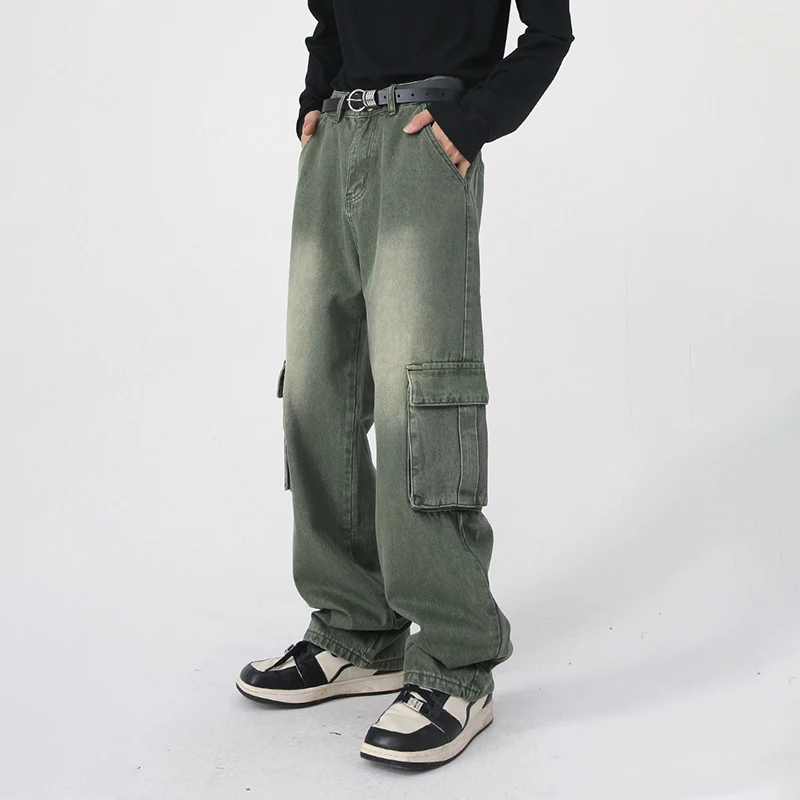 HOUZHOU Green Cargo Jeans Distressed Vintage Denim Trousers Male Wide Leg Pants Men Streetwear Retro Oversize Casual Hip Hop