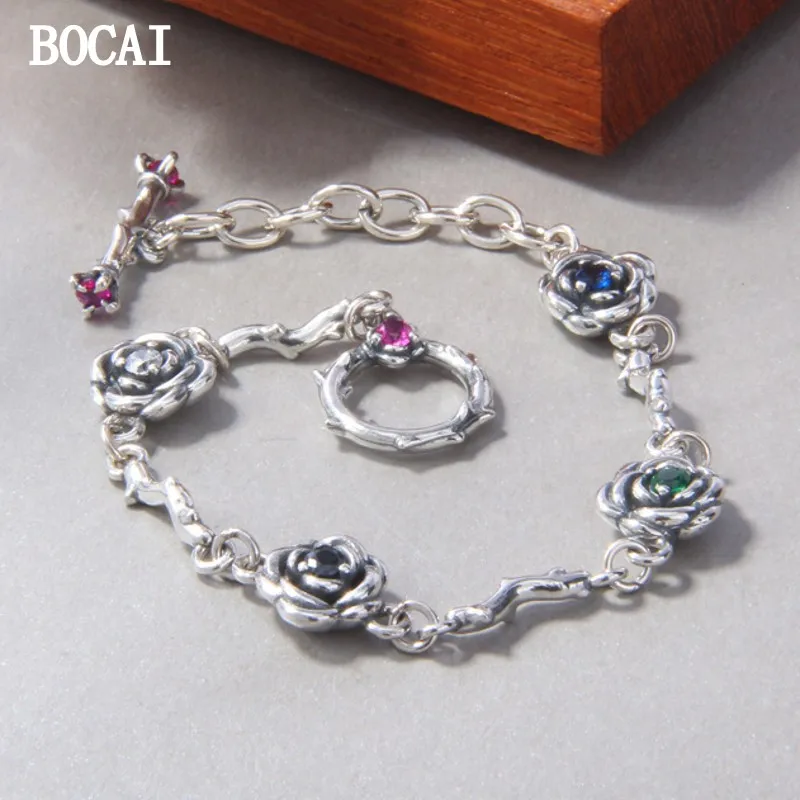 Новый браслет BOCAI из стерлингового серебра S925 с цветными циркониевыми розами и