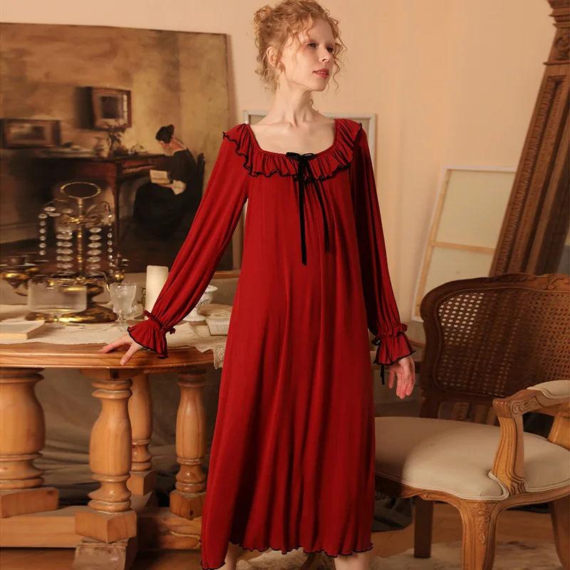 Women's Retro Wine Red Noble Elegant Square Collar Straight Collar Loose Fitting Modal Lounge Nightgowns Sleepshirts Sleepwear