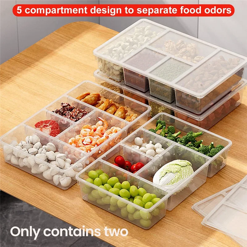 Фото YWDZ-2 Pack Разделенные подносы для овощей с крышками, коробки для закусок в холодильнике с отделениями, прозрачные коробки для хранения в холодильнике №2