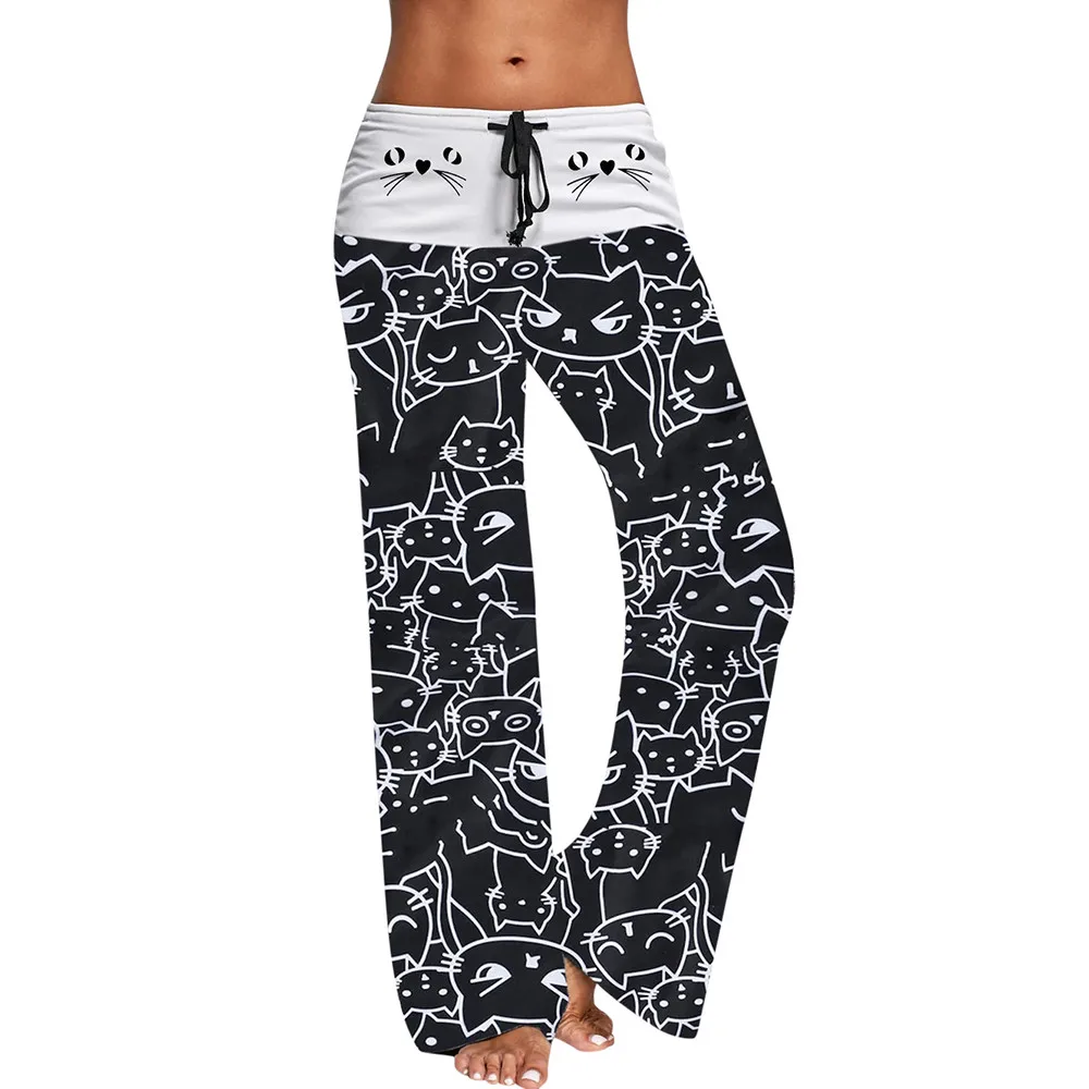 

Women Wide Leg Pants Casual Cat Prints Drawstring Pants Leggings High Waist Tracksuit Bell Bottom Pant Running Sport Trousers