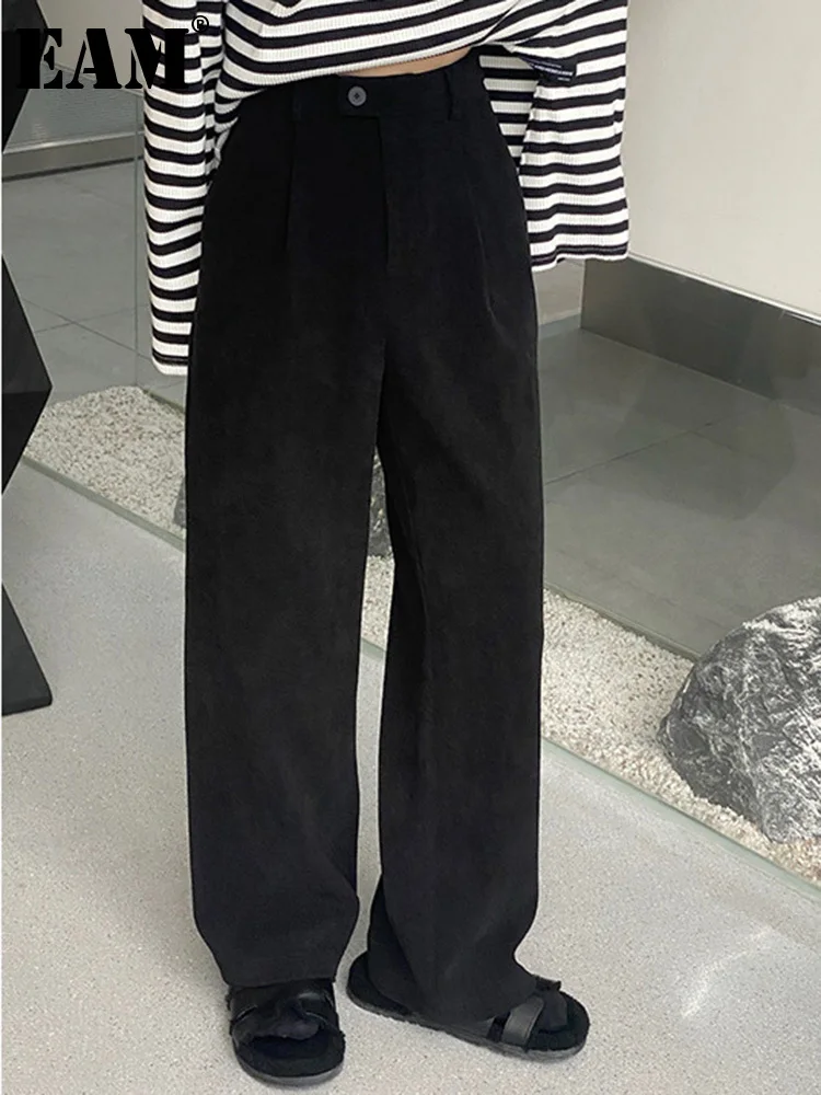

[EAM] High Waist Black Pockets Button Casual Wide Leg Pants New Loose Fit Trousers Women Fashion Tide Spring Autumn 2023 DF4538