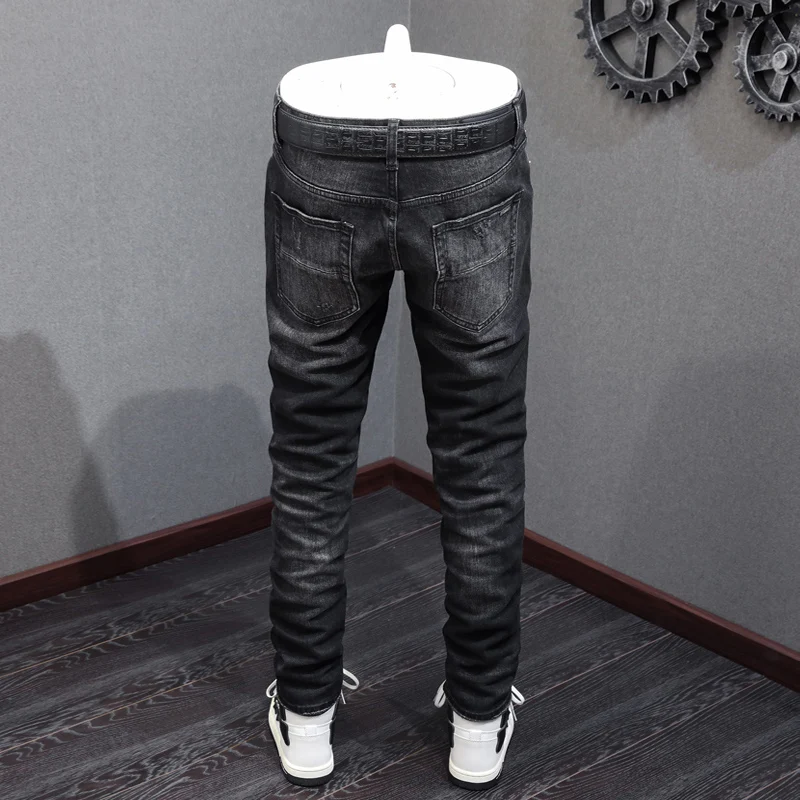 Fashion Streetwear Men Jeans Retro Black Gray Elastic Stretch Skinny Ripped Jeans Men Patched Designer Hip Hop Brand Pants Homme