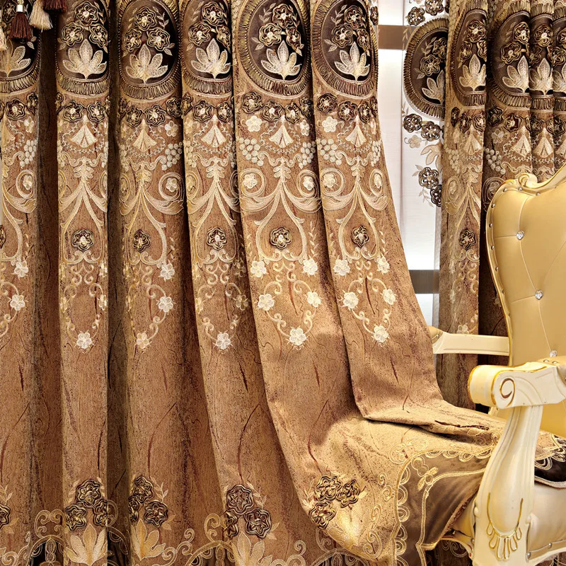 new european style brown chenille curtains for villa living room embroidered decorative curtains finished bedroom study curtains free global shipping