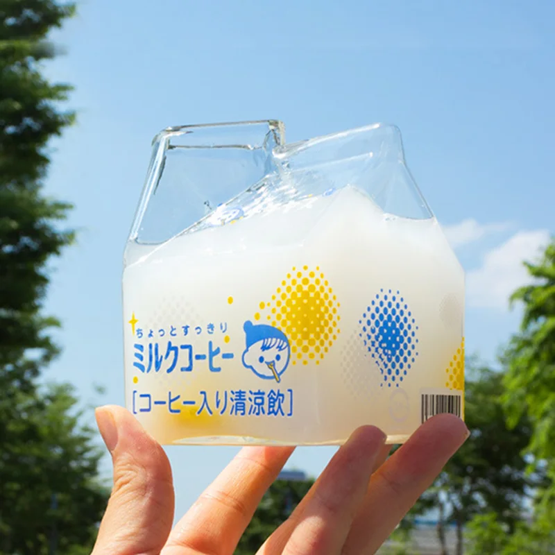 

380ml Cups Cute Creative Straws Simple Modern Square Milk Box Cups Japanese Fresh ins Photos Transparent Glass Breakfast Cups
