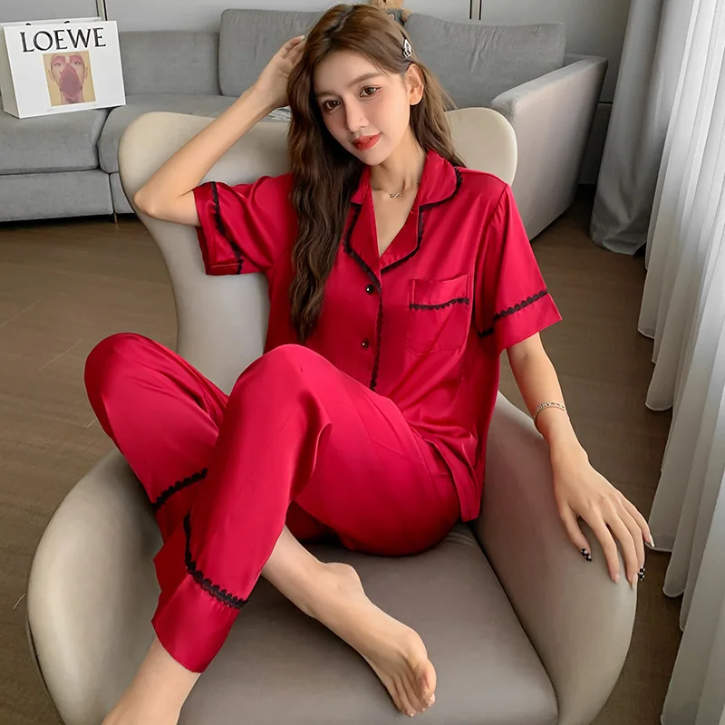 

Ice silk pajamas palace style lace ladies home wear two piece set summer