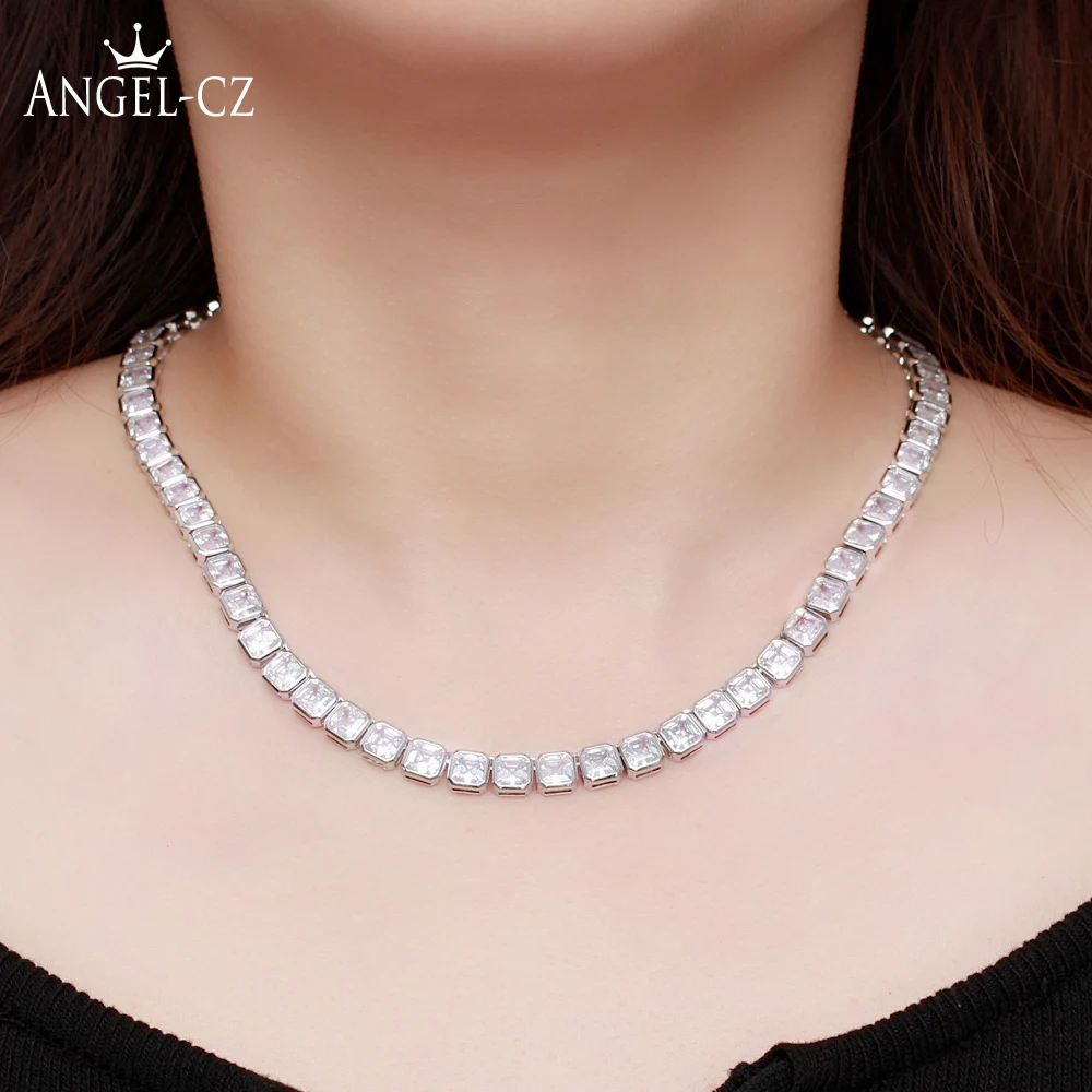 

ANGELCZ Luxury Brides Jewelry Full Pave Setting Baguette Cut AAAAA Zirconia Sparkling Bridal Wedding Party Necklace AN022