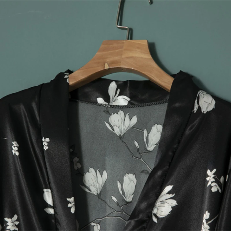 AIIOU Ice Silk Women Sexy Robe Kimono Black Flower Print Nightgown Bathrobe Home Costume Pajamas Sleepwear with Panties |