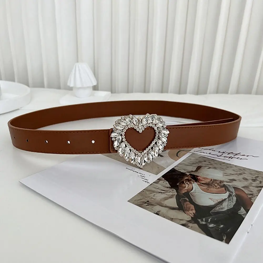 Rhinestone Zircon Buckle PU Leather For Girls Crystal Heart Belts Women Waistbands Trouser Decoration Dress Waist Belts