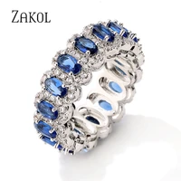zakol new exquisite princess lace micro inlay dark blue oval cubic zirconia wedding finger rings for women luxury party jewelry