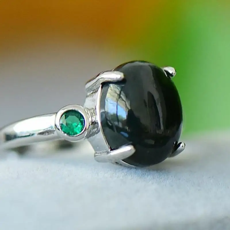 

Women Black Jade Ring With Emerald Gemstone Genuine Chinese Nephrite Hetian Jades Rings Adjustable Woman Anillo De Moda