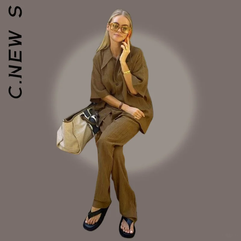 

C.New S Summer Short Sleeve Blouse With High Wasit Pants Set Women Elegant Brown 2 Piece Pants SetsCausal Loose Trouser Suits