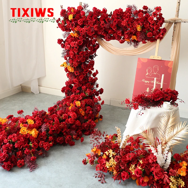 

Custom-made, red rose wedding venue layout simulation floral arrangement arch row wedding photo studio background flowers