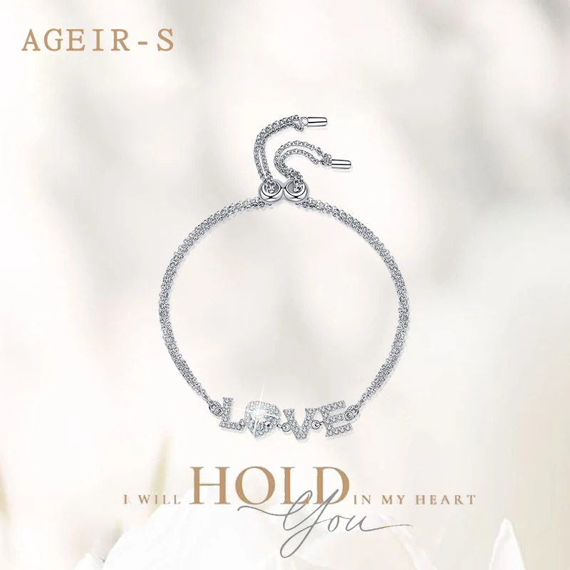 

AGEIR-S Real 925 sterling silver Luxury Moissanite Silver Color Bracelet Hand for Women Wedding Anniversary Gift Jewelry Z631