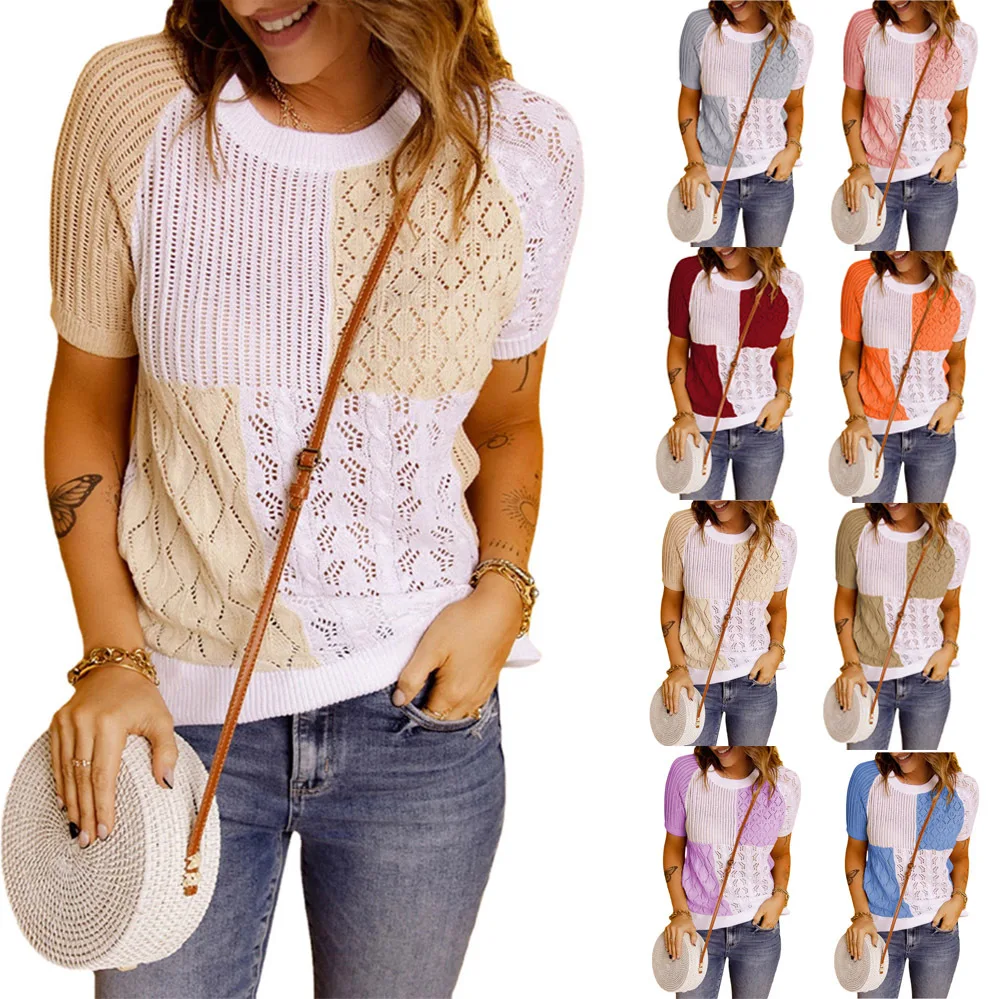 

2022 Summer New Tops, Fashionable Colorblock Knitted Short-sleeved T-shirt Tops Knitted Sweaters
