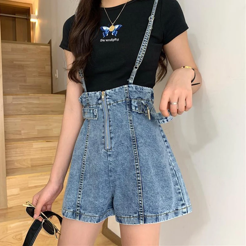 

Женский джинсовый комбинезон в стиле ретро, голубой хлопковый комбинезон с широкими штанинами и шортами на подтяжках, одежда в стиле ретро, Y2K, на лето