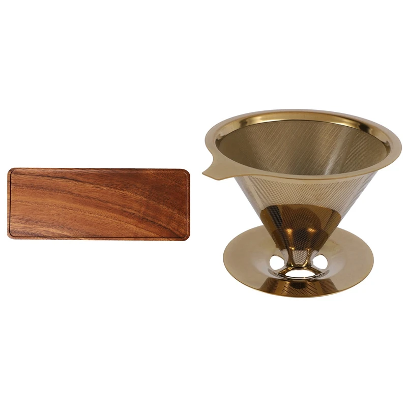 

Promotion! Double Wall Titanium Gold Pour Over Coffee Dripper Filter With Acacia Wooden Tray, Solid Wood Wooden Afternoon Tea Tr