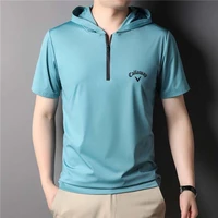 2022 new fashion mens hooded t shirt solid color short sleeve zipper collar summer loose polo shirt mens korean t shirt top