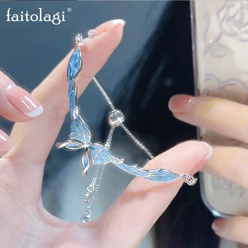 

Браслет Kpop с голубыми бабочками для женщин, асимметричные геометрические браслеты с подвесками в виде насекомых Y2K, романтичный эстетический металлический браслет, ювелирные изделия