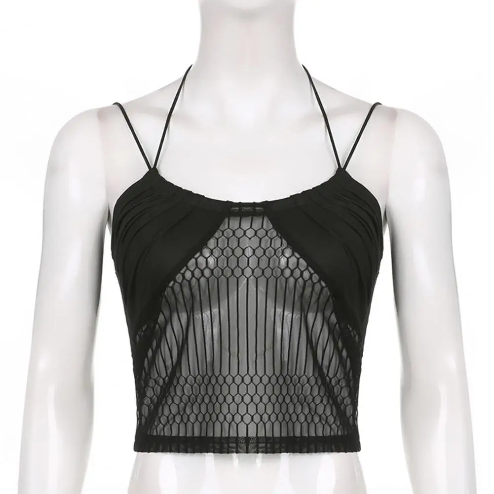 

Trendy Bra Top Exposed Navel Adjustable Bandage Club Vest Perspective Lace Splicing Bra Top