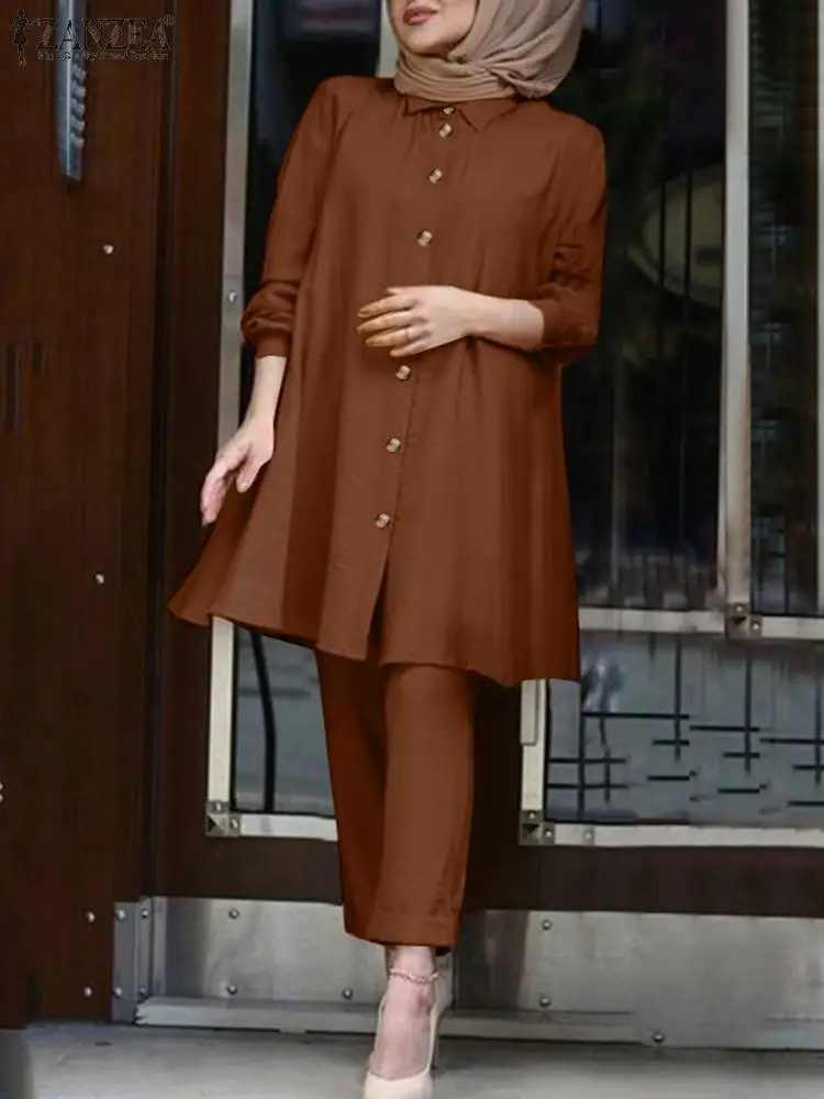 

ZANZEA 2022 Women Matching Sets Stylish Long Robe Casual Puff Sleeve Muslim Blouses Muslim Sets Pants 2PCS Turkey Abayas Suit