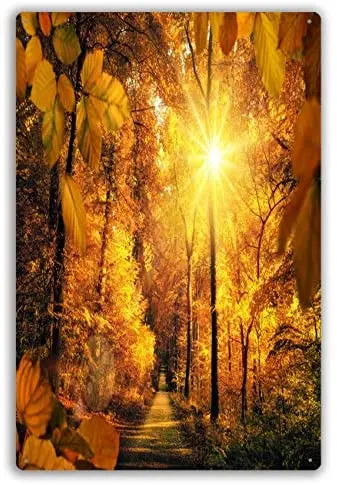 

Metal Sign Gold Autumn Scenery in A Forest,with The Sun Casting Beautiful Rays of Through The Foliage Modern Wall Art