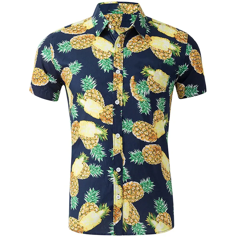 

Мужская летняя рубашка с короткими рукавами, однобортная гавайская рубашка с отложным воротником и принтом ананасов, одежда для улицы